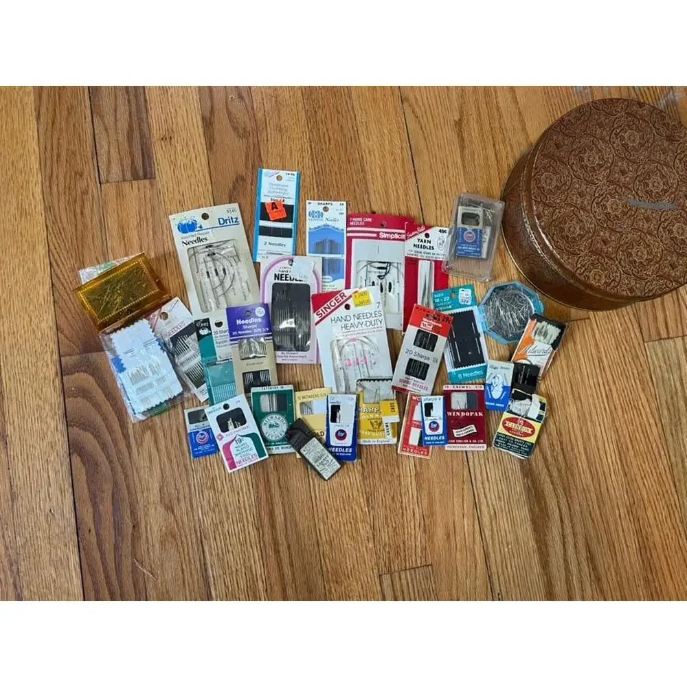 Vintage Sewing Needle Lot in Decorative Tin, Sewing Notions Craft Supply Lot